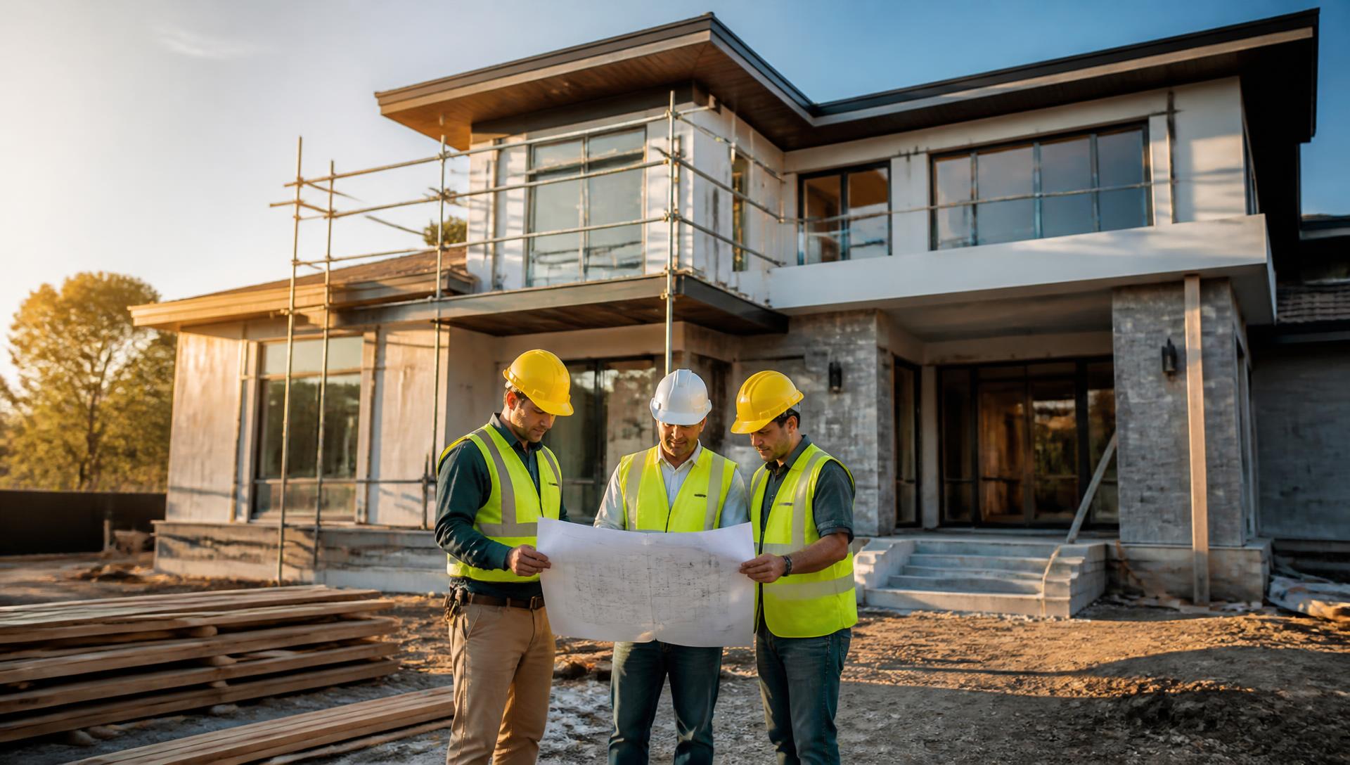 Construction professionals reviewing plans in front of a modern home renovation