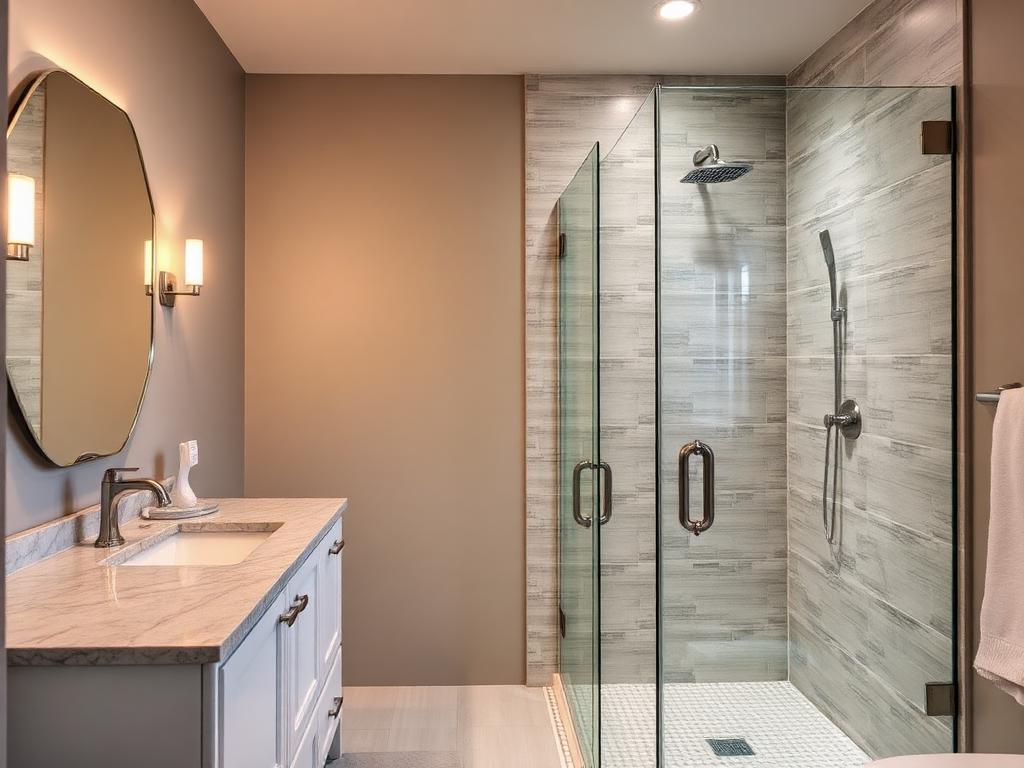 Remodeled bathroom with tiled walk-in shower